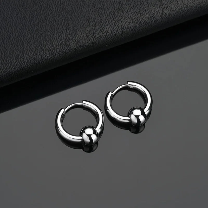 2pcs Stainless Steel Hoop Earrings For Men Small Circle Metal Ball Anti-allergic Ear Buckle Rock Hip Hop Artificial