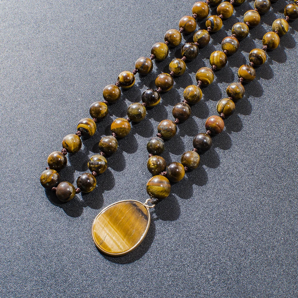 8mm Yellow Tiger Eye Bead Knot 108 Mala Necklace Meditation Yoga Prayer Jewelry with Tiger Eye Pendant for Men and Women