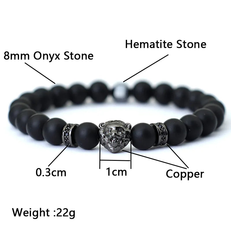Noter Hiphop Men Bracelet Beaded 8mm Onyx Stone Braclet Wolf Lion Animal Braslet Punk Jewelry Pirate Skull Brazalete