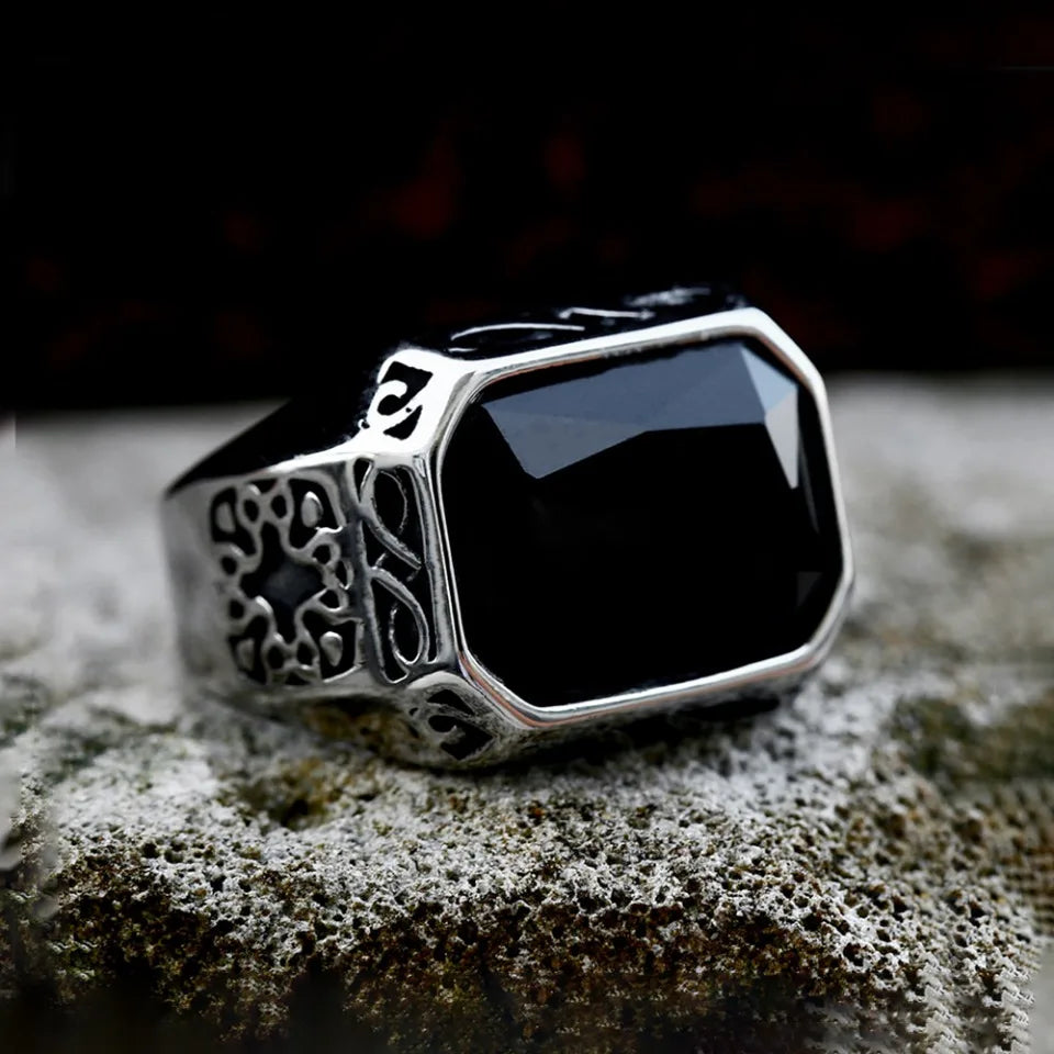 Punk Vintage Rectangle Shape Rings With Black Stone Stainless Steel Cool Fashion Carved Ring For Men Women Amulet Jewelry Gifts