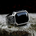 Punk Vintage Rectangle Shape Rings With Black Stone Stainless Steel Cool Fashion Carved Ring For Men Women Amulet Jewelry Gifts