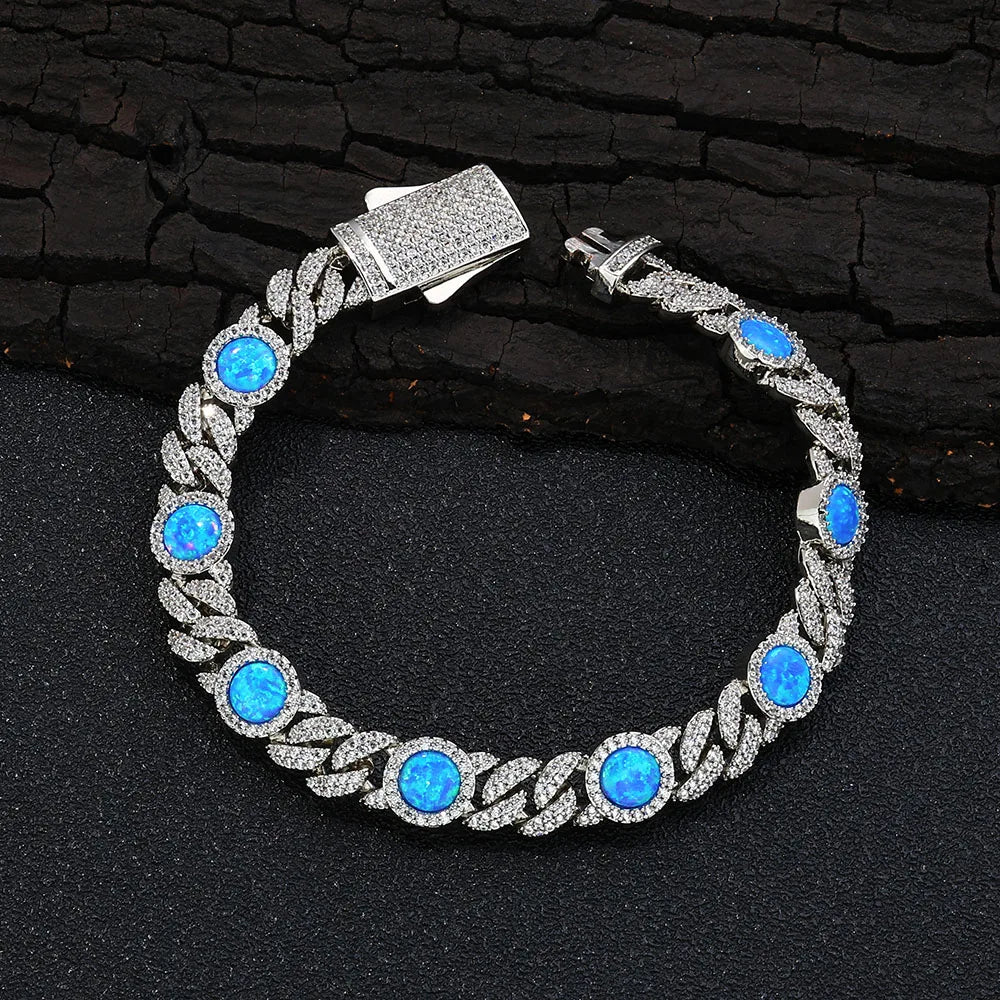 Gold Cuban Bracelet Iced Out Blue Opal 18K