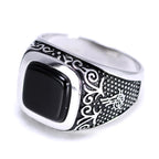 Vintage Punk Silver 925 Jewelry Square Black Stone Rings For Men Engraved Retro Flowers Turkish Signet Man Rings