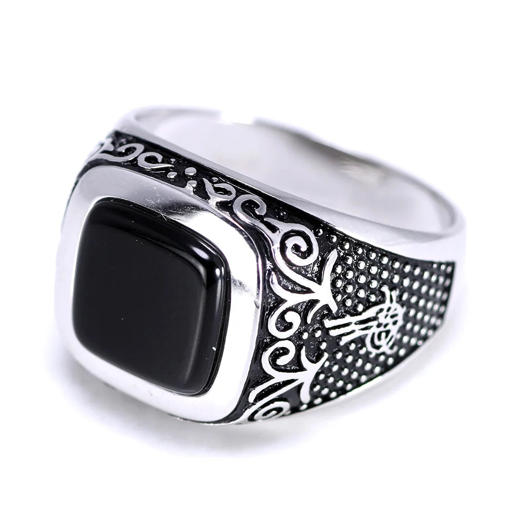 Vintage Punk Silver 925 Jewelry Square Black Stone Rings For Men Engraved Retro Flowers Turkish Signet Man Rings