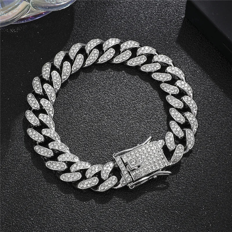 Sparkling Cuban Link Chain Bracelet - Golden Tone Stainless Steel, Rhinestone - Encrusted Hip Hop Bling for Guys