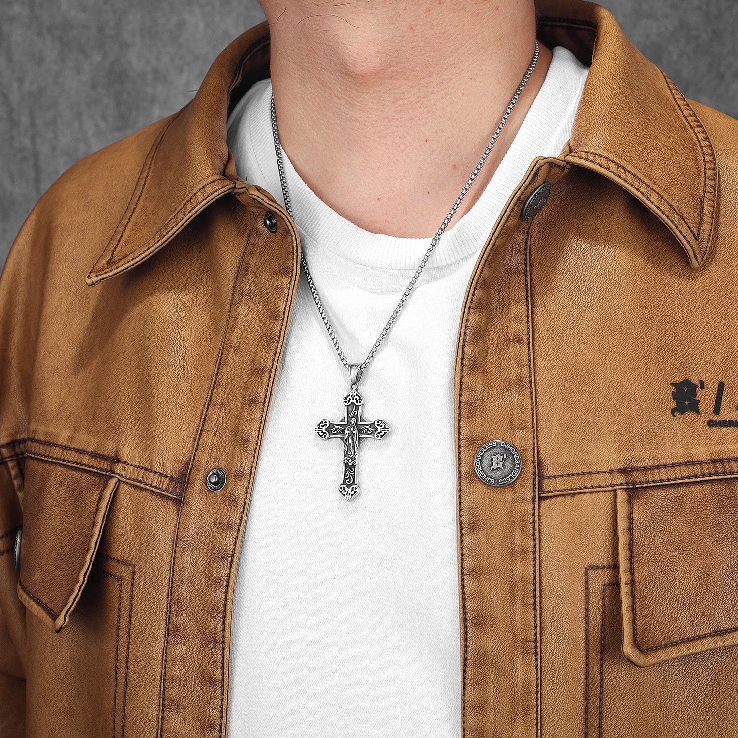 Cross Virgin Mary Pendant Necklace Stainless Steel