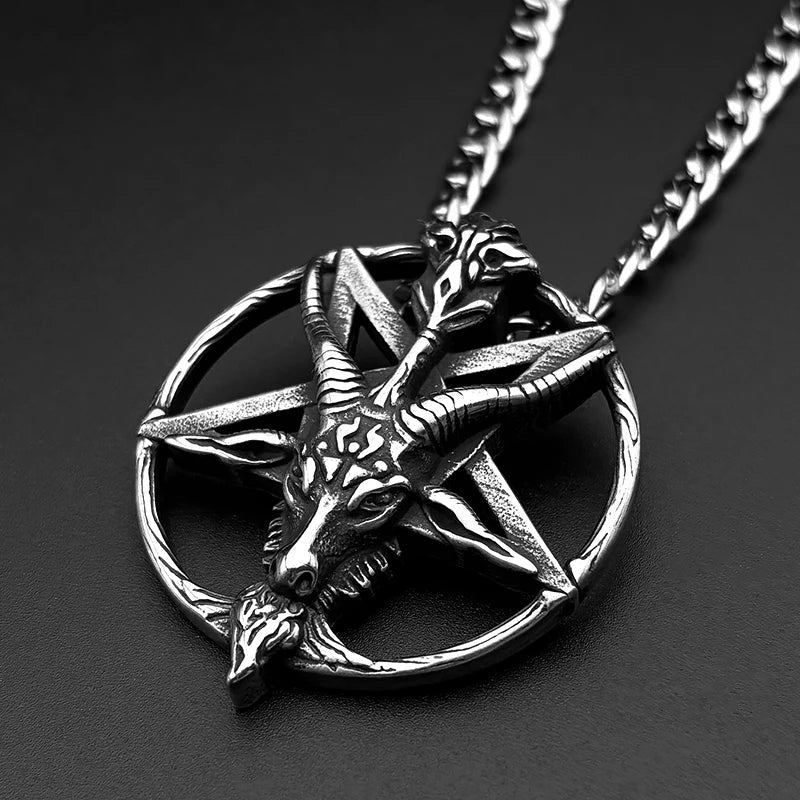 Gothic Skull Silver Pendant Goat 316L Pentagram