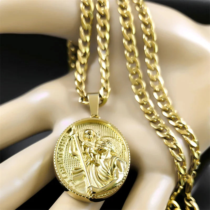 ST.Christopher Protect Us Medal Men's Necklace Saint Christopher Stainless Steel Gold Plated Religious Necklaces