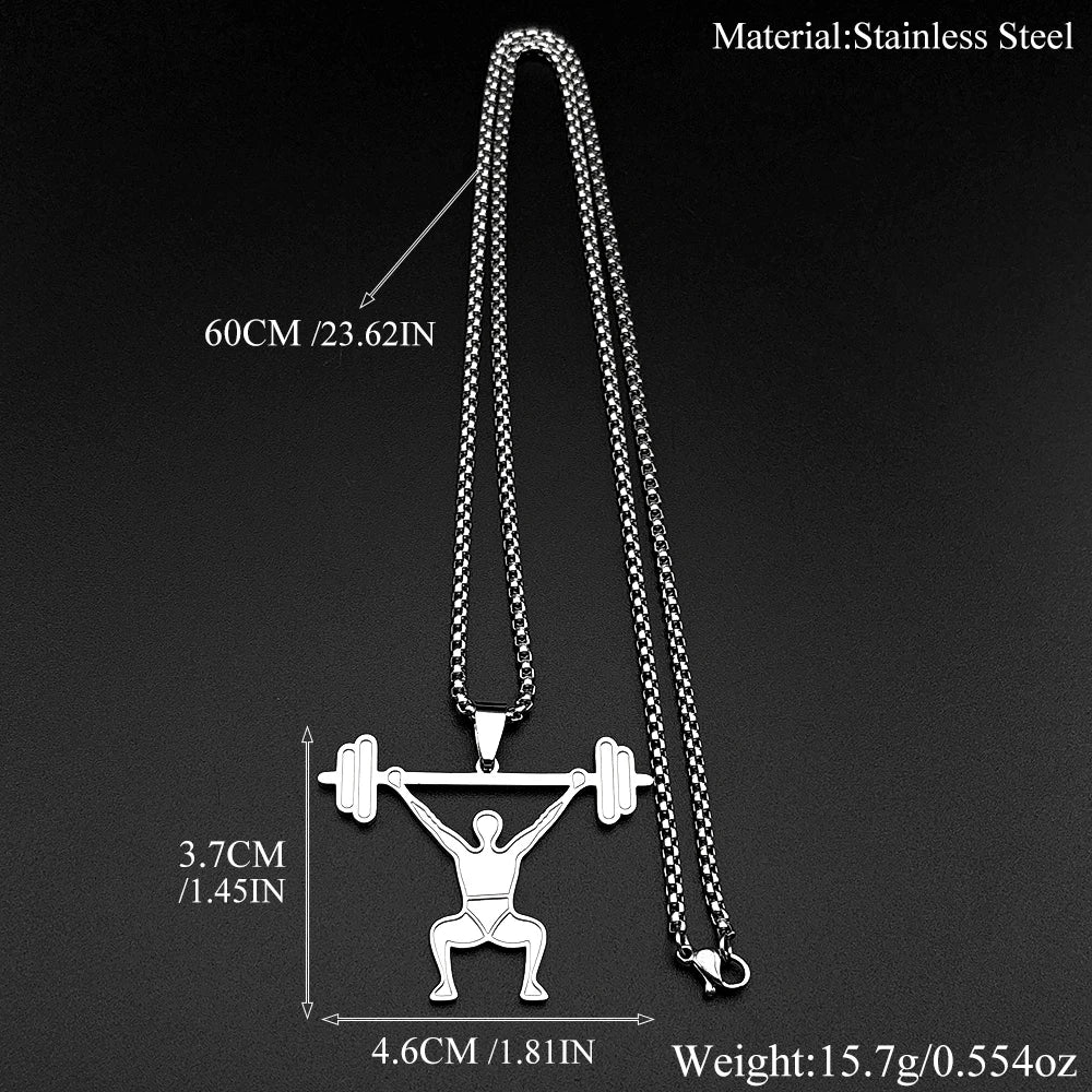 Gym Fitness Squat Weightlifter Barbell Pendant Necklace For Men Stainless Steel Male Sports Theme Hiphop Chain Jewelry