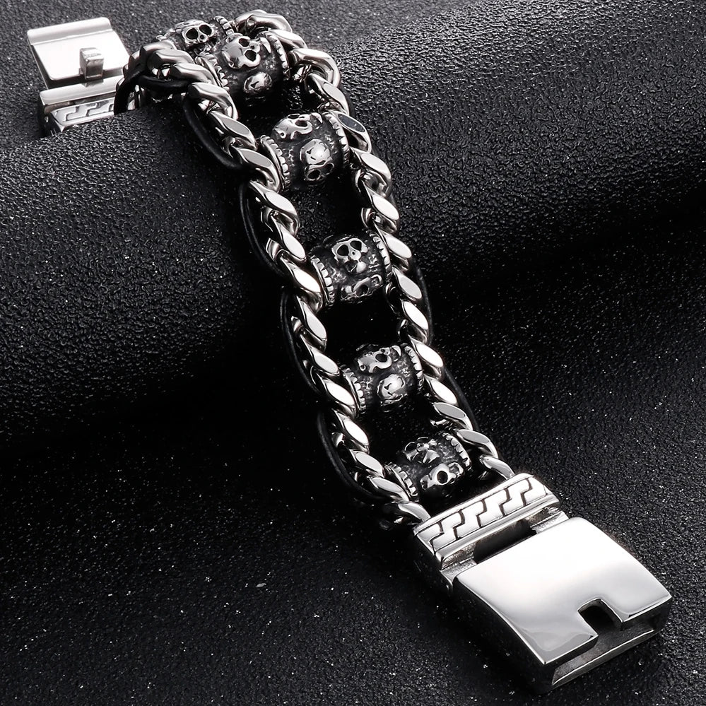 Cool Men‘s Stainless Steel Braided Rope Dragon Bone & Skull Head Bracelet for Man Religious Scripture Bracelets