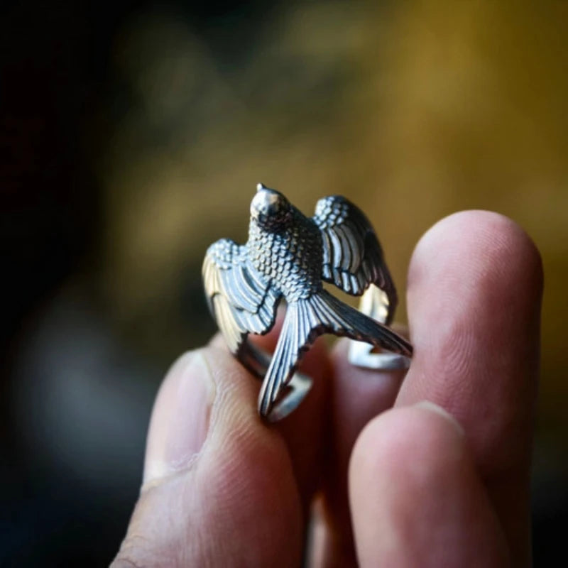 925 Silver Swallow Carved Ring — Vintage Open