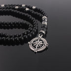 Matte Black Beaded Compass Pendant Necklace 6mm — Zinc Alloy