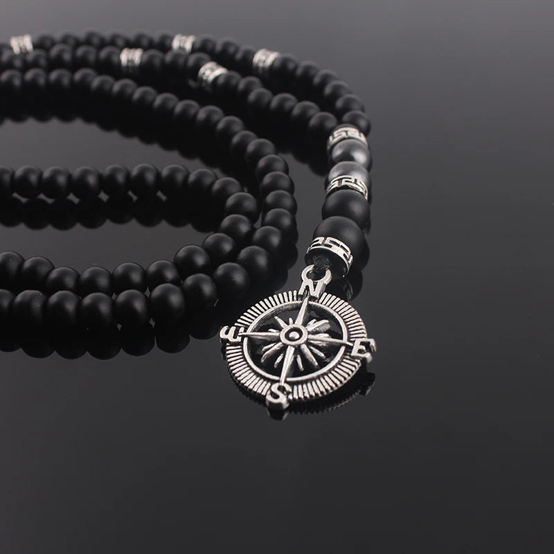Matte Black Beaded Compass Pendant Necklace 6mm — Zinc Alloy