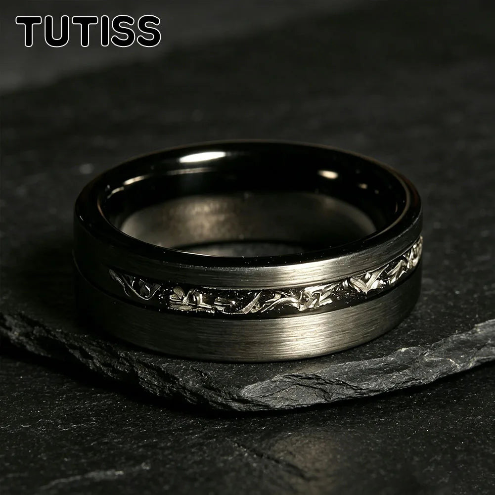 TUTISS 6/8mm Black Meteorite Tungsten Carbide Ring, Offset groove Brushed Finish, Couple Ring, Unique Wedding Band for her（Him）