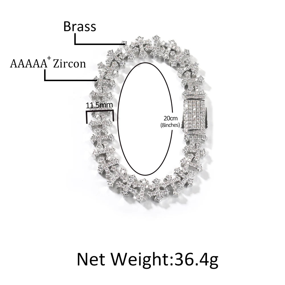 Uwin 11.5mm Cross Link Chain Bracelet For Women Men Iced Out Cubic Zirconia Cross Cuff Bracelet Anklet Hiphop Jewelry