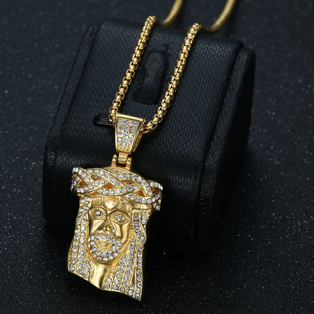 Religious Iced Out Bling Christ Jesus Head Pendant Stainless Steel Cubic Zirconia Christian Necklace for Women Men Jewelry Gift