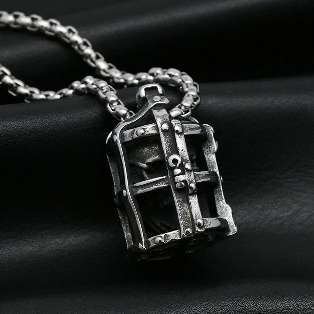 Gothic Cage Skull Pendant Necklace — Gold-Tone, Stainless Steel