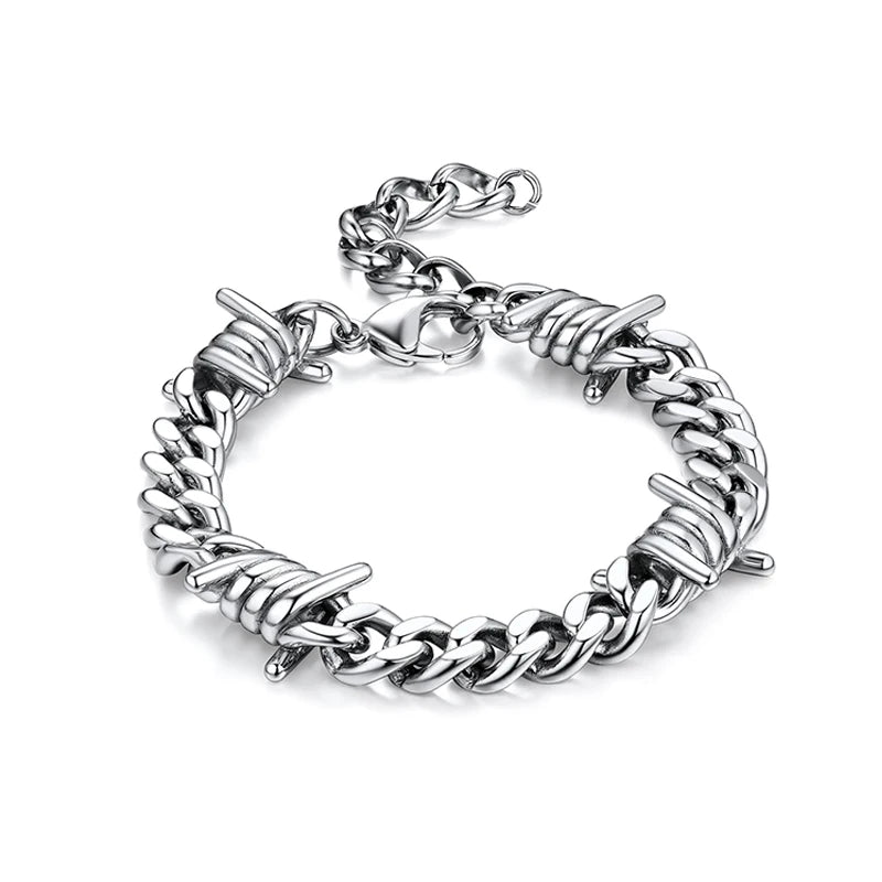 Barbed Wire Cuban Link Stainless Steel Thorn Bracelet Adjustable Punk Emo Style Chain Bracelets For Men Women Fashion