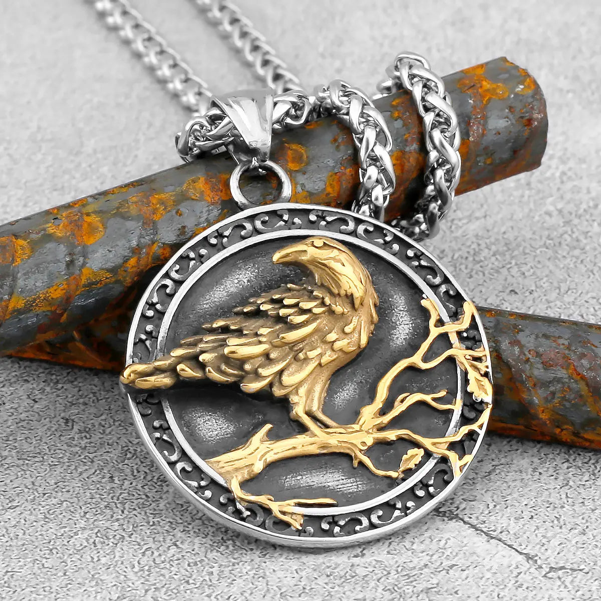 Nordic Odin Crow Skull Pendant Necklace Gothic Stainless Steel Raven Skull Compass Rune Necklace for Men Punk Jewelry