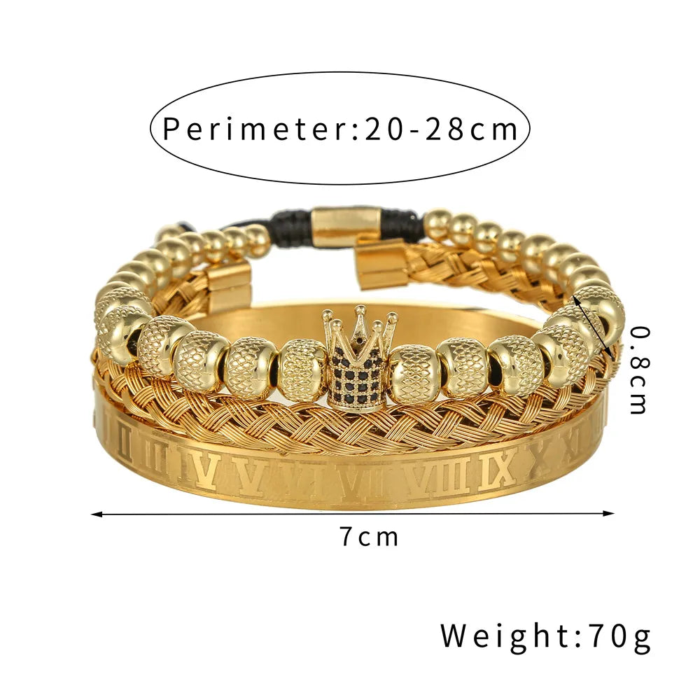 3pcs/Set Luxury Royal CZ King Crown Men Bracelets Roman Numeral Braided Adjustable Pulseira