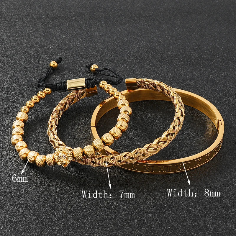 Lion Head Beaded Bangle Bracelet Set — Stainless Steel