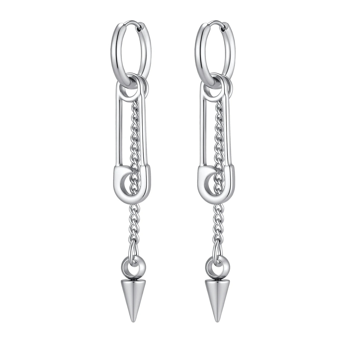 Safety Pin Rivet Chain Tassel Dangle Earrings — Stainless Steel