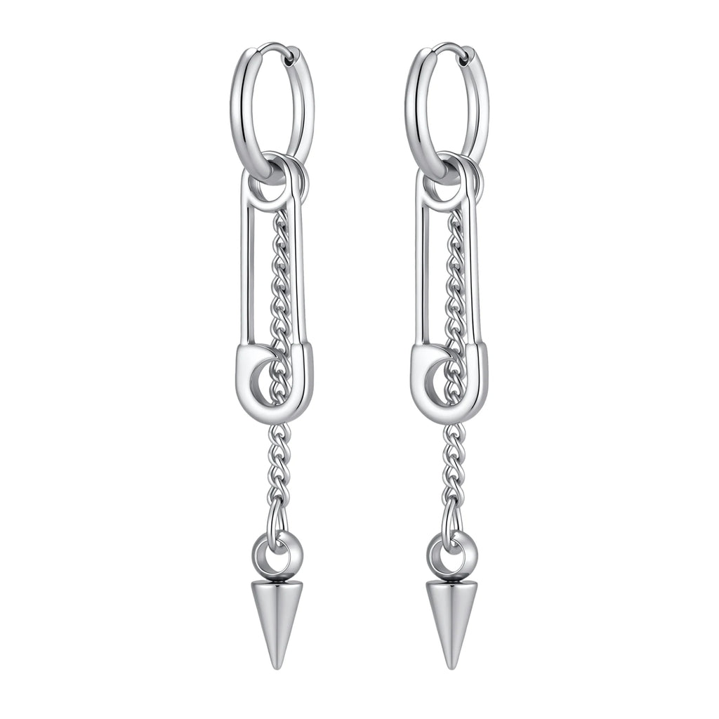 Hip-hop Punk Safety Pin Rivet Dangle Earrings for Men, Silver Color Stainless Steel Chain Tassel Earrings, Creative Jewelry
