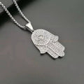 New Men's Fashion Titanium Steel Gold Plated Full Rhinestones Hand of Fatima Pendant Necklace Religious Personality Jewelry