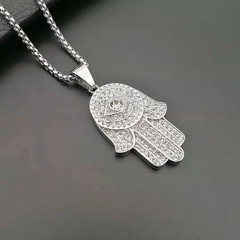 New Men's Fashion Titanium Steel Gold Plated Full Rhinestones Hand of Fatima Pendant Necklace Religious Personality Jewelry