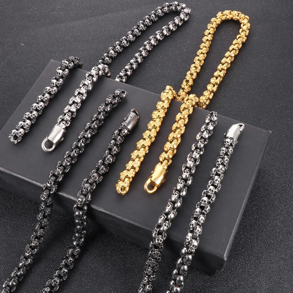 12MM Width Men's Stainless Steel Skull Head Link Chain Necklace Punk Rock On Neck Skeleton Jewelry Gothic Style
