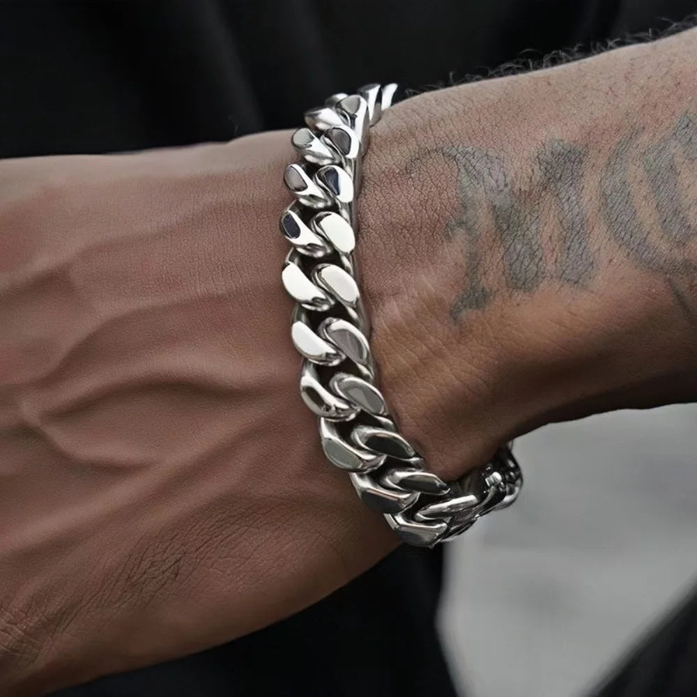 9mm Retro Stainless Steel Cuban Chain Bracelet Simple Silver Color Men Stainless Steel Jewelry Fashion Casual Wear
