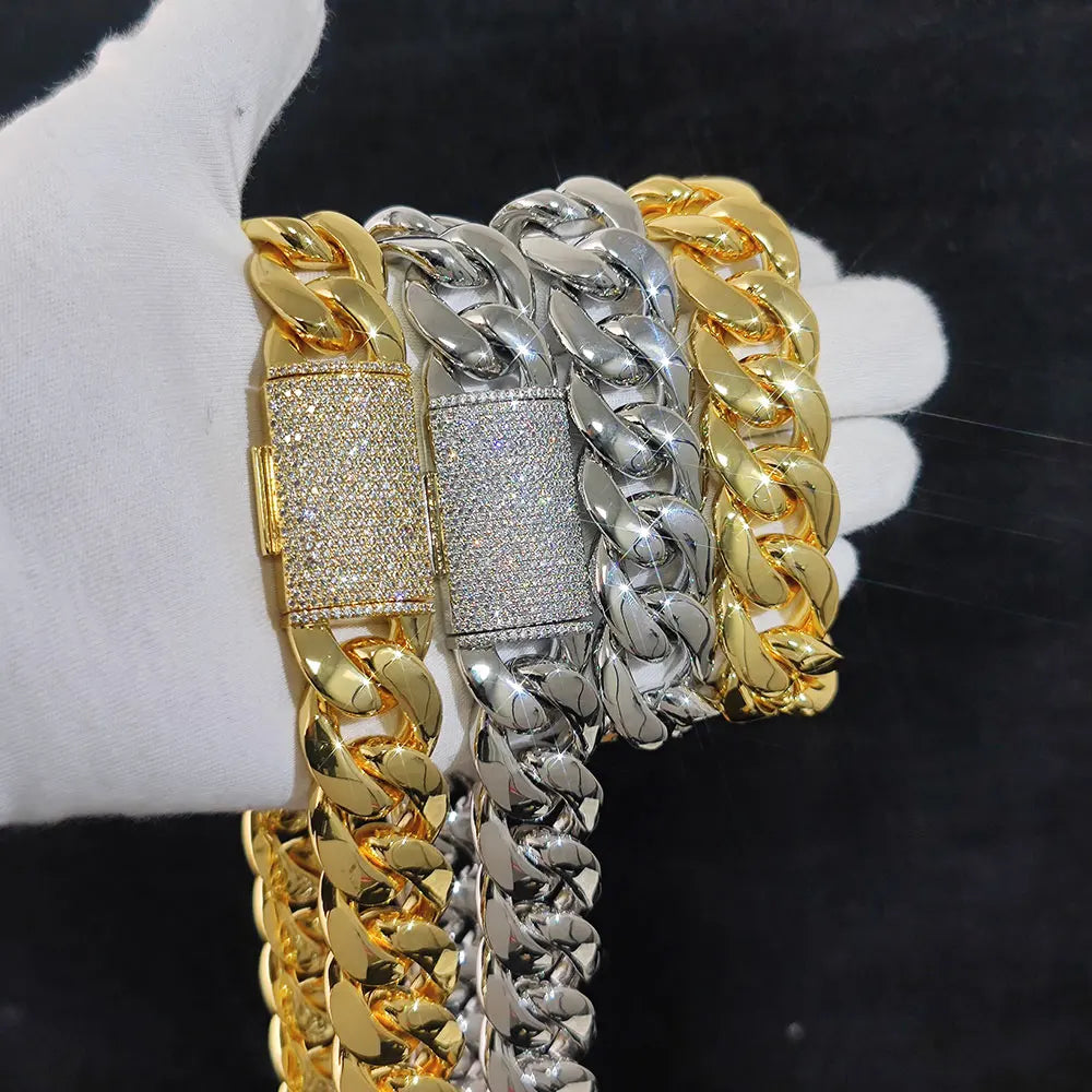 Gold Cuban Chain Necklace Iced Out 18K 12/22MM