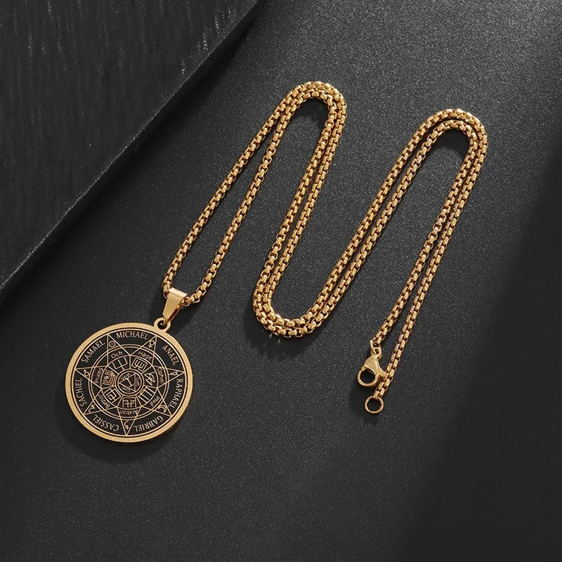 Stainless Steel Solomon Religious Seven Archangels Compass Pendant Necklace Men's Retro Lucky Amulet Jewelry
