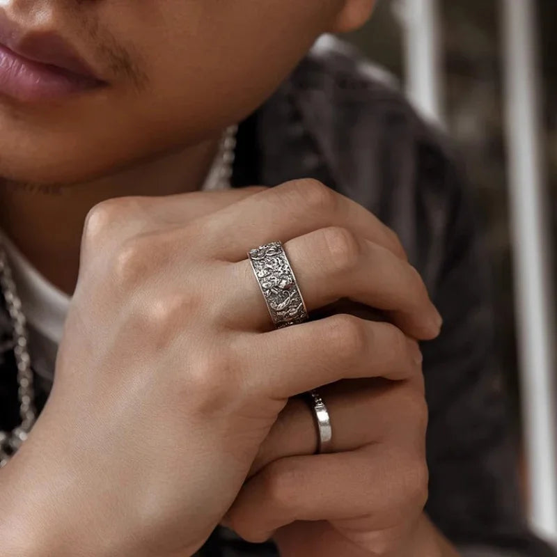Stereoscopic Embossed Design Zodiac Mens Rings Retro Opening Adjustable Wide Ring New 925 Silver Manly Handsome Banquet Jewelry