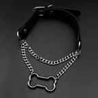 Gothic Bone Carabiner PU Leather Choker Double Silver Color Curb Chain Adjustable Rivet Neck Collar Punk Egirl Street