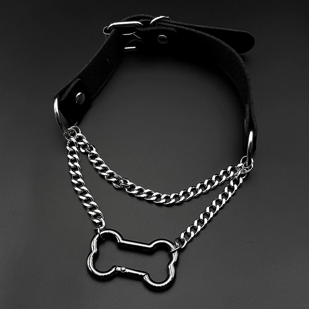 Gothic Bone Carabiner PU Leather Choker Double Silver Color Curb Chain Adjustable Rivet Neck Collar Punk Egirl Street