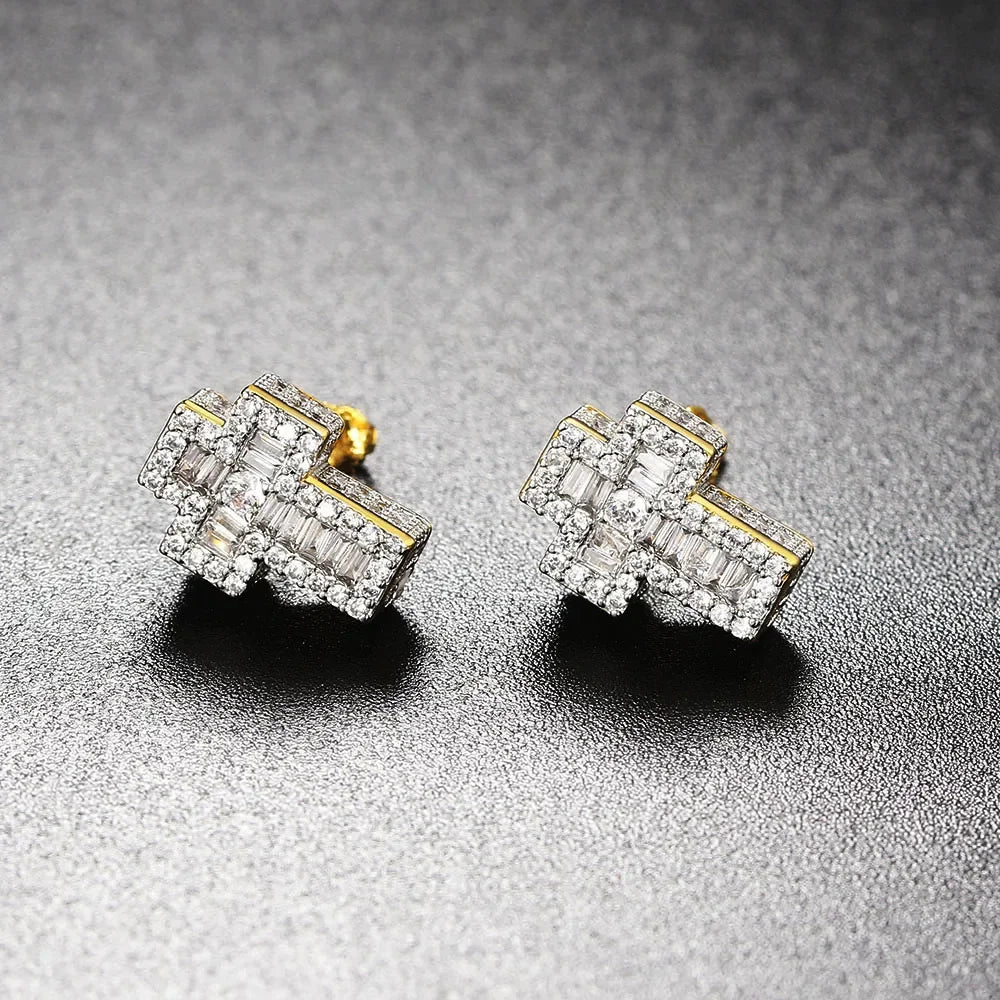 Luxury Punk Cross Earrings for Men Iced Out Zirconia Hiphop Stud Earring Gold Color Women's Accessories Fashion Jewellery