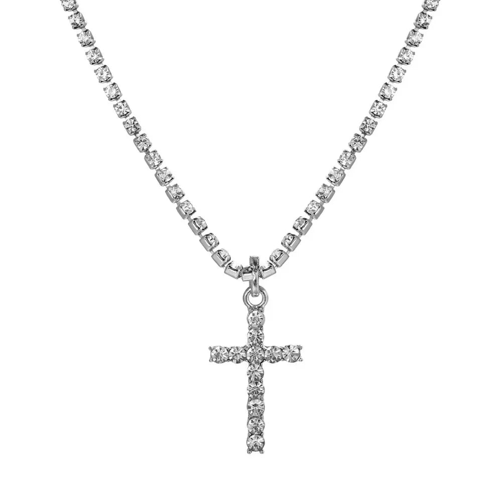 Personality Trend Silver Color Zircon Cross Pendant Necklace for Women Charm Shiny Crystal Chokers Jewelry Gift