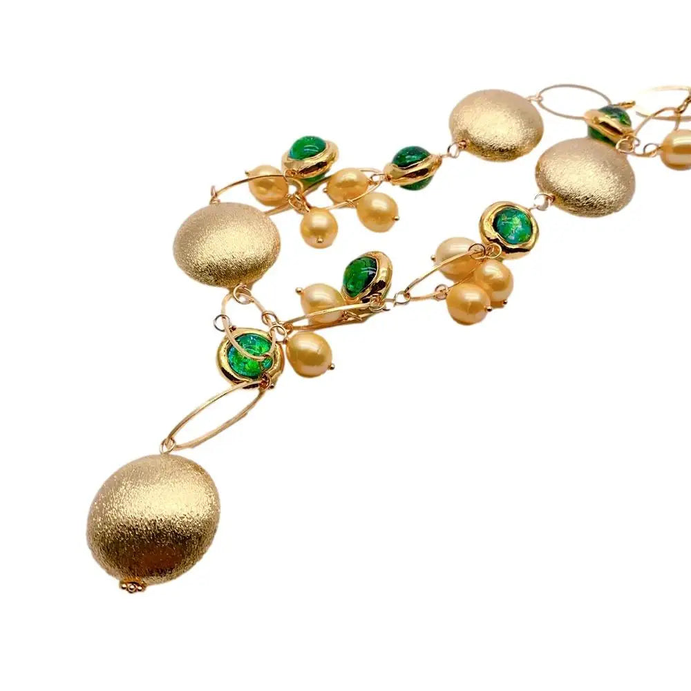 Rice Pearl Murano Glass Coin Y-Drop Necklace — Gold-Tone Copper