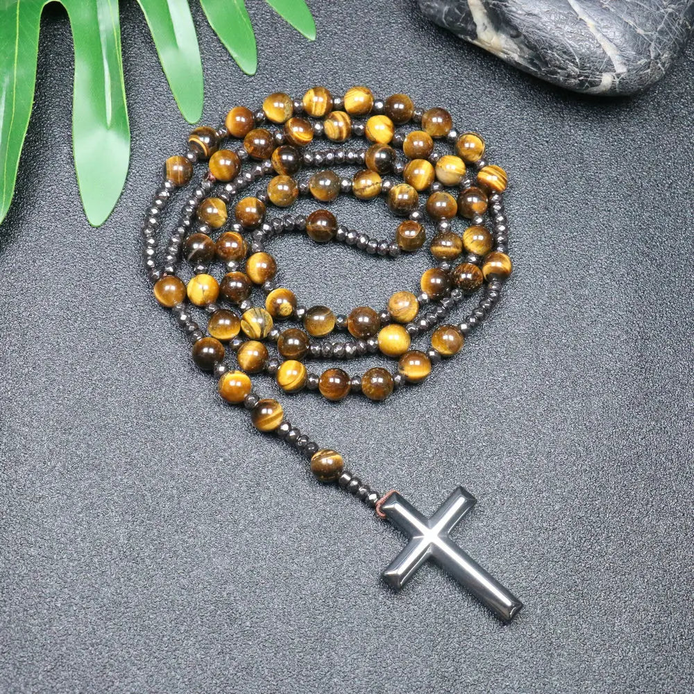 Tiger Eye Black Obsidian Rosary Cross Necklace — Black-Tone, 8mm