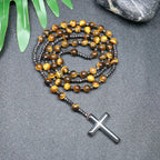 Rosary Necklace For Men Women 8mm Tiger Eye Black Obsidian Beads Necklace Christ Buddhist Meditation Cross Necklace Jewelry