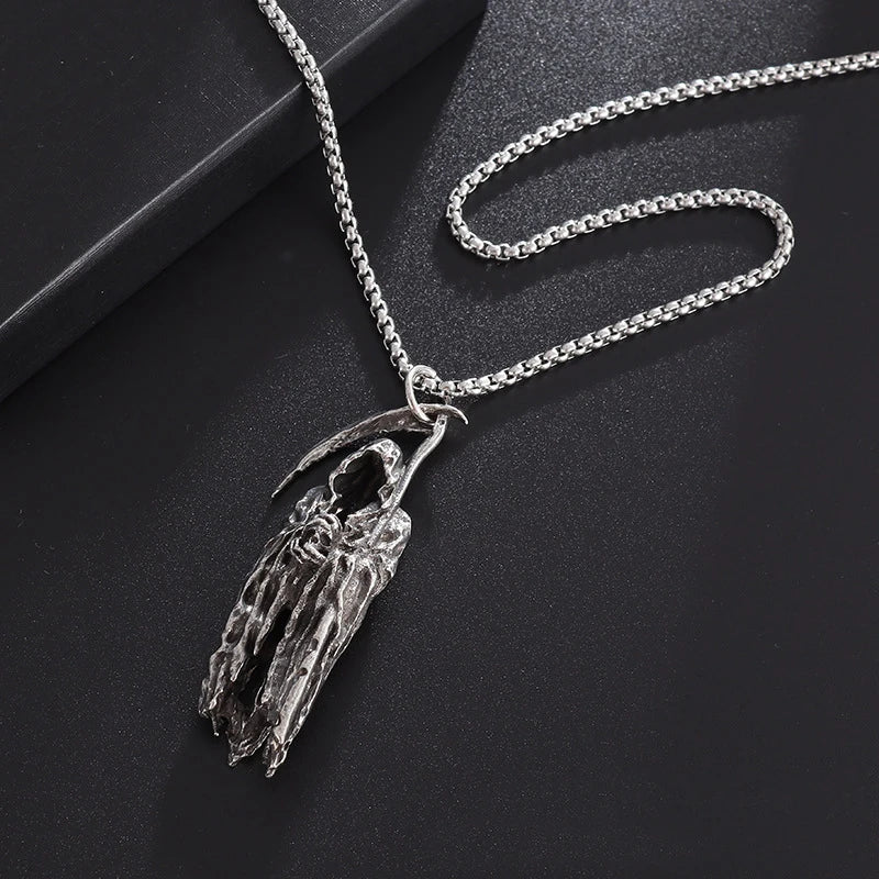 Retro Cloaked Grim Reaper with Sickle Pendant Necklace For Men Hip Hop Punk Silver Color Stainless Steel Neck Chain