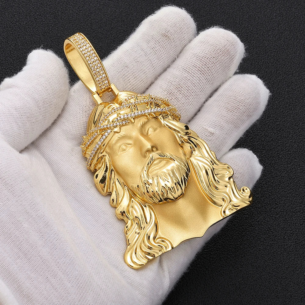 NY Fine Iced Out Jesus Head Pendant Necklace Brass Inlaid With CZ Crown Of Thorns Charm Men Hip Hop Religious Christian Jewelry