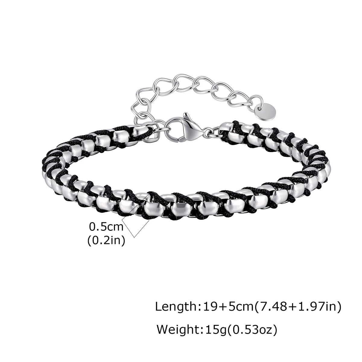 Braided Black Rope Bracelet — Stainless Steel