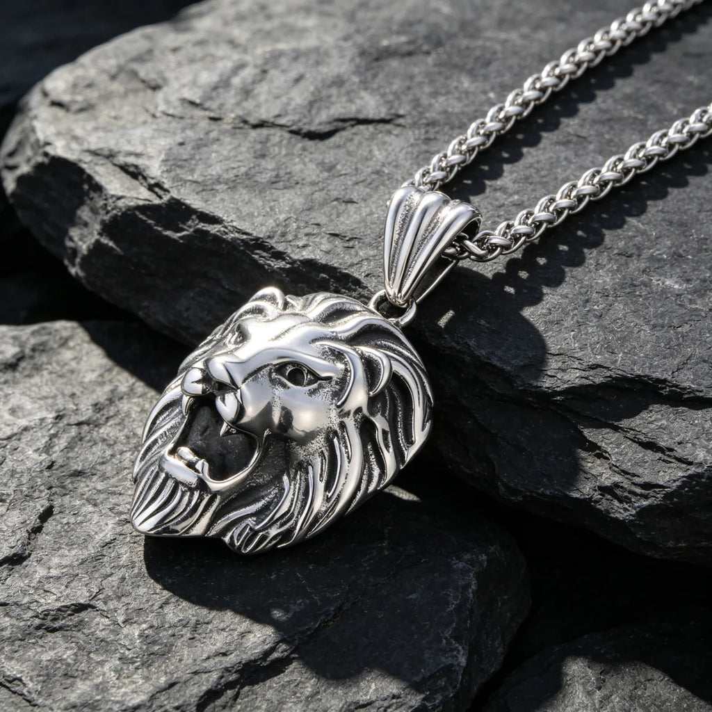 Vintage Lion Head Pendant Necklace, 60cm — Stainless Steel