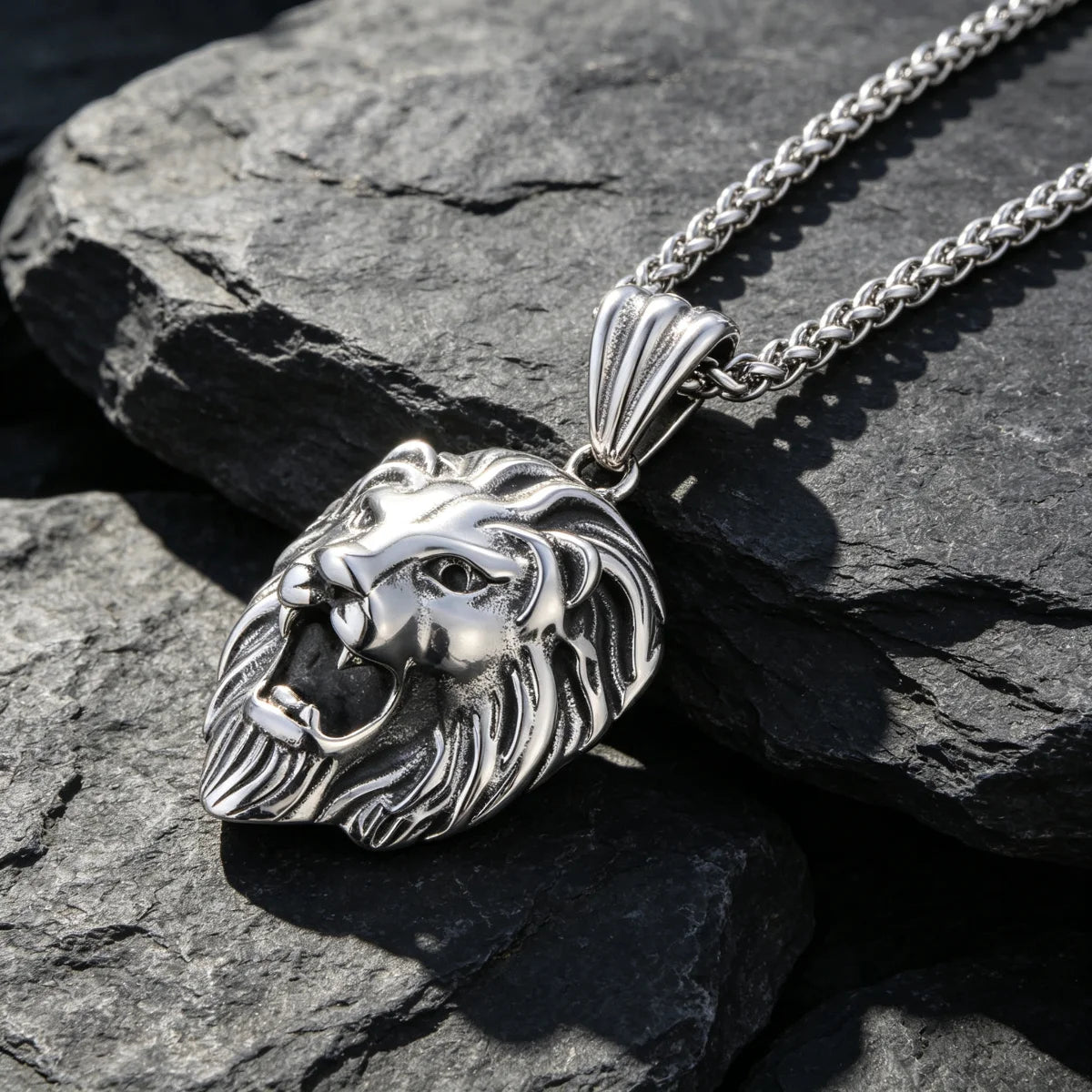 Vintage Lion Head Pendant Necklace, 60cm — Stainless Steel