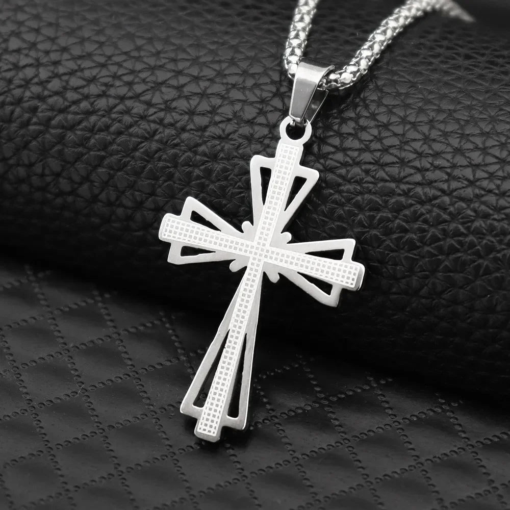 Jesus Cross & Saint Benedict Pendant Necklace — Stainless Steel
