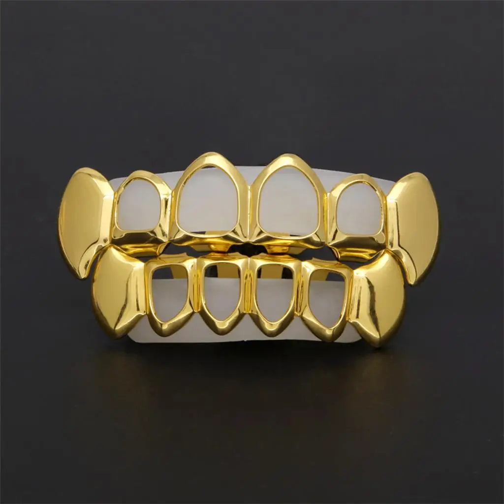Open Face Teeth Grillz Hollow Top & Bottom Caps — Gold-Tone