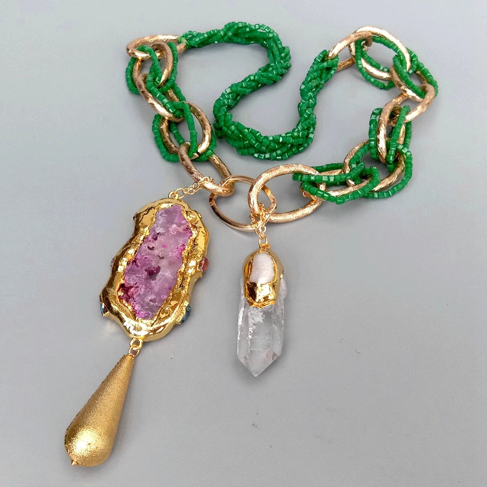 Agate Quartz Pearl Pendant Necklace — 24"