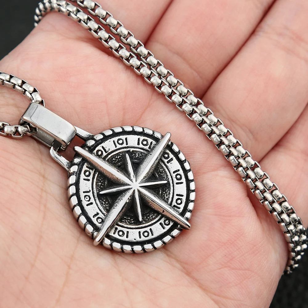 Viking Compass Stainless Steel Pendant Necklace